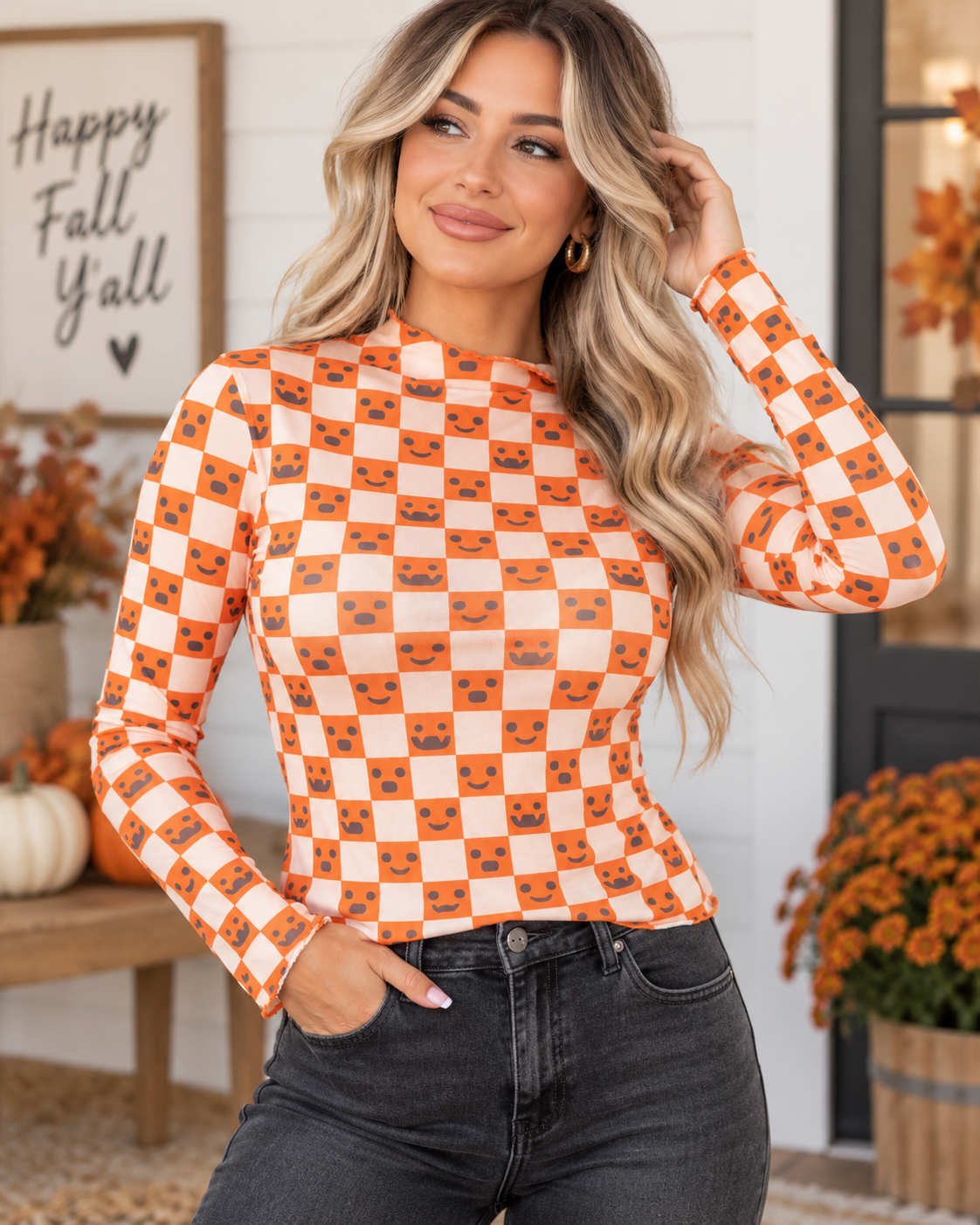 Abstract Halloween Pattern Long Sleeve Mock Neck Blouse